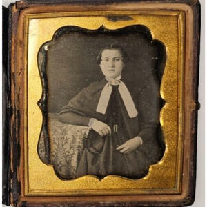1/6th Plate Daguerreotype Of A Young Woman At A Table In Half Union Case & Cover